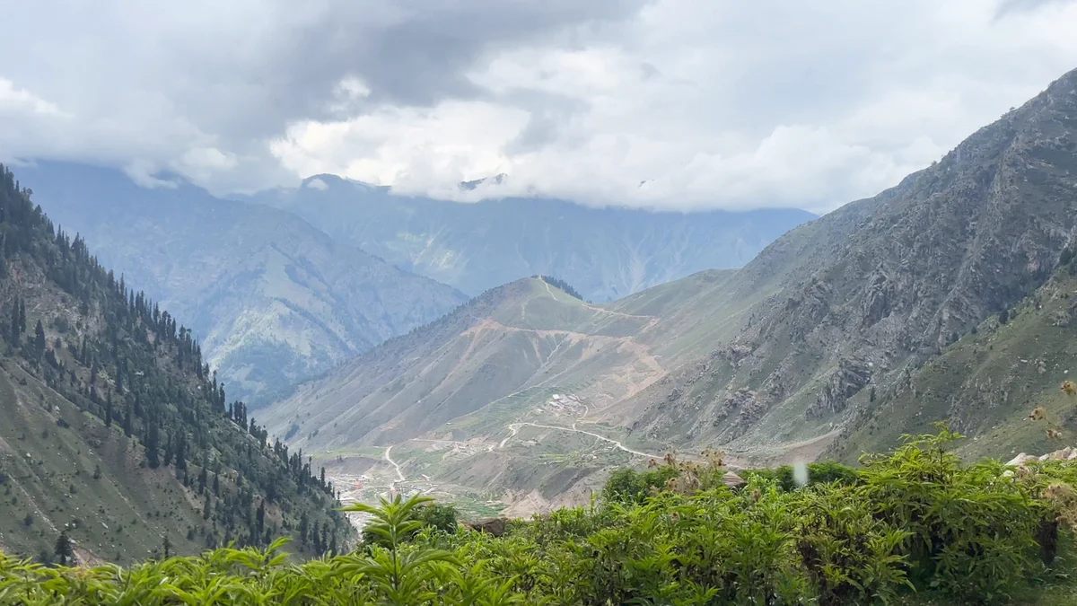 A rough mountain road along a pine-covered slope beneath a cloudy sky